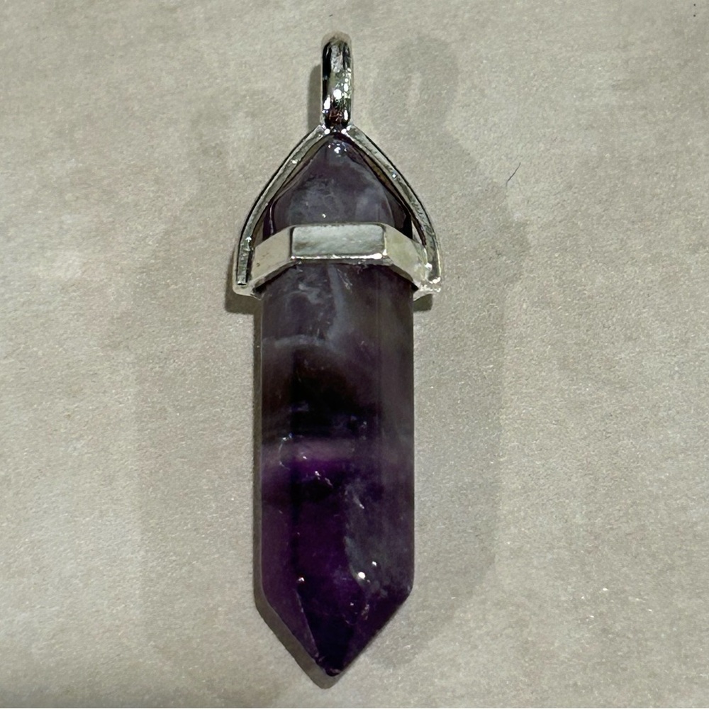Deep purple amethyst crystal  hexagonal point pendant  sliver color hardware